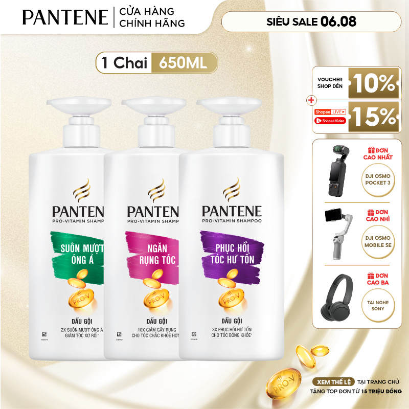 Dầu Gội PANTENE Pro-V Ngăn Rụng Tóc/ Phục Hồi Hư Tổn/ Suôn Mượt Óng Ả/ Giảm Gàu/ Dưỡng Ẩm - Chai 650ML