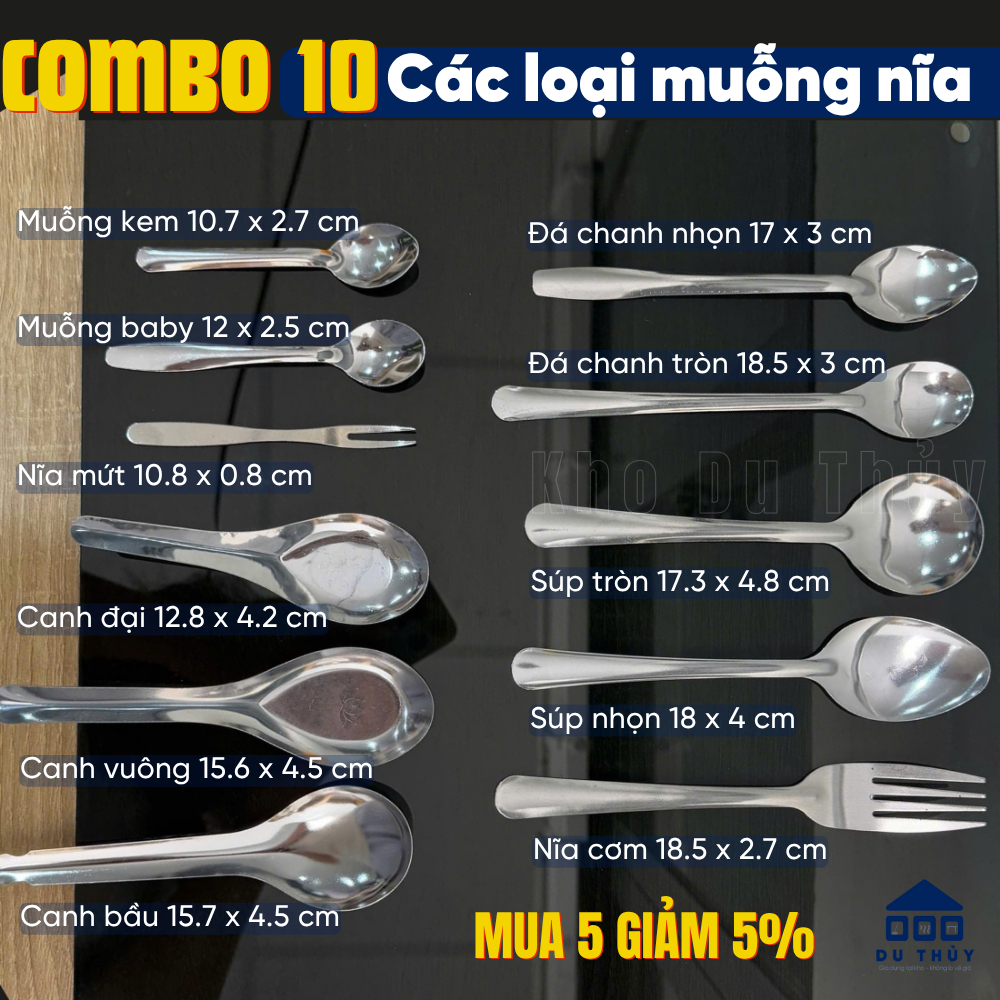 Muỗng cơm, muỗng cafe, nĩa cơm inox đủ loại giá rẻ (COMBO 10 CÁI) - gia dụng kho Du Thủy