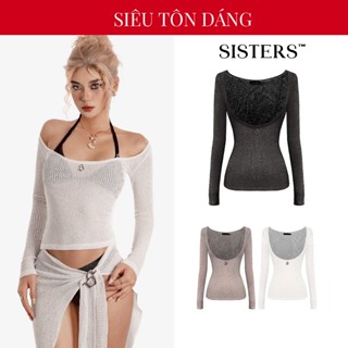 Áo lưới dài tay đi biển nữ xuyên thấu SISTERS khoác ngoài bikini logo inox màu đen, trắng, nude siêu nịnh dáng | SS-T57