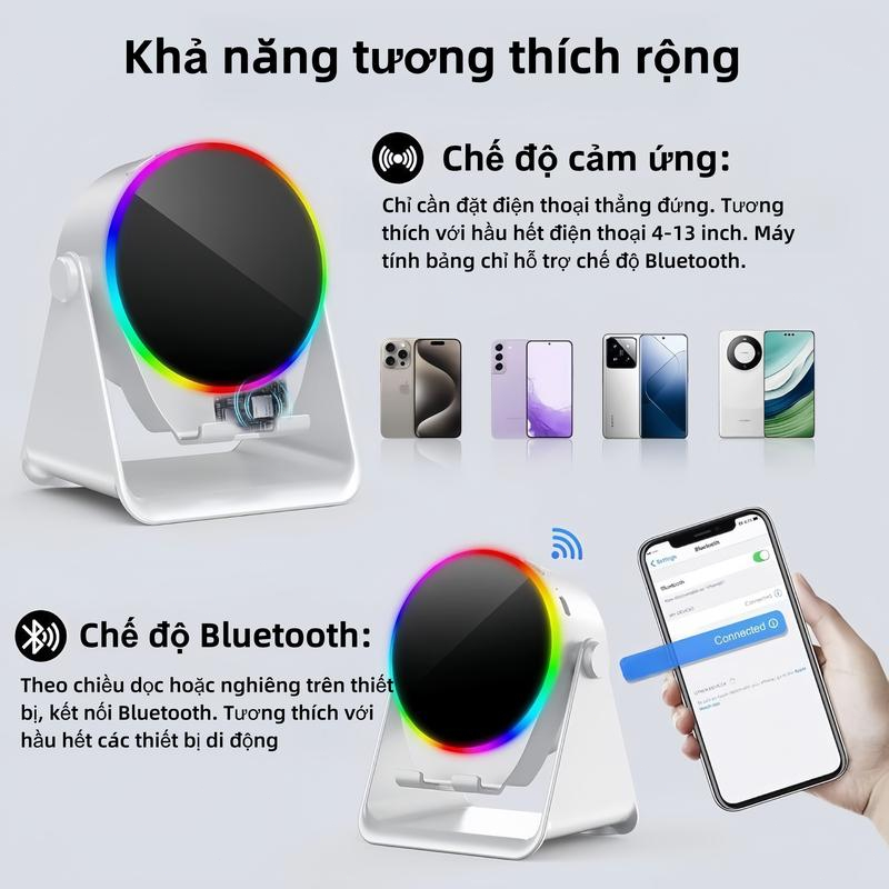 Loa Cảm Ứng Không Dây, Loa Bluetooth di động, Giá đỡ điện thoại với ánh sáng xung quanh màu xoay 360 ° cho máy tính bảng