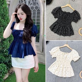  Áo Thun Kiểu Bigsize Nữ Họa Tiết Chấm Bi Dáng babydoll Che Bụng Tôn Dáng Nhún Bèo Dễ Thương - A282 