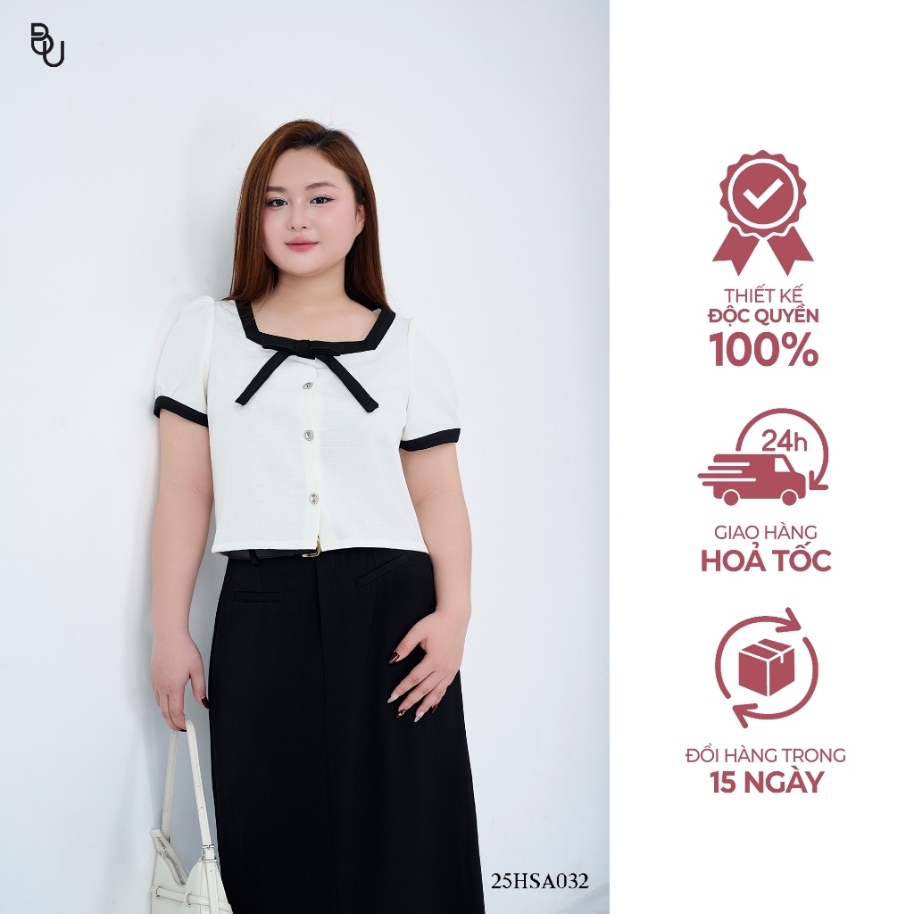 Áo kiểu cổ vuông viền phối cổ nơ ngực phối đen  BIGSIZE (55kg đến 95kg) – 25HSA032 - [BUstu Bigsize]