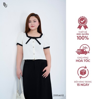 Áo kiểu cổ vuông viền phối cổ nơ ngực phối đen  BIGSIZE (55kg đến 95kg) – 25HSA032 - [BUstu Bigsize]