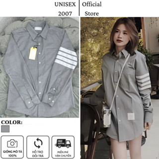 Sơ Mi Nam Thom Nam Nữ Xám 4 Sọc Trắng Cánh Tay Cotton Lụa Cao Cấp Hót Nhất 2024