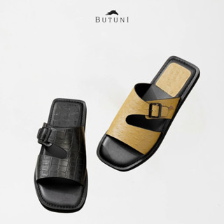 Dép da nam cao cấp dép nam BUTUNI Terra S Cut-Out Slippers - Black / Brown Ostrich