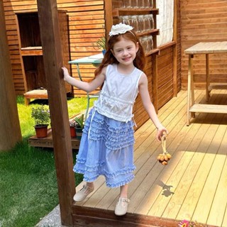   B&G  Sét váy áo kaki trắng sát nách kèm chân váy dài kẻ xanh tiểu thư chi bé gái từ 10-45kg 