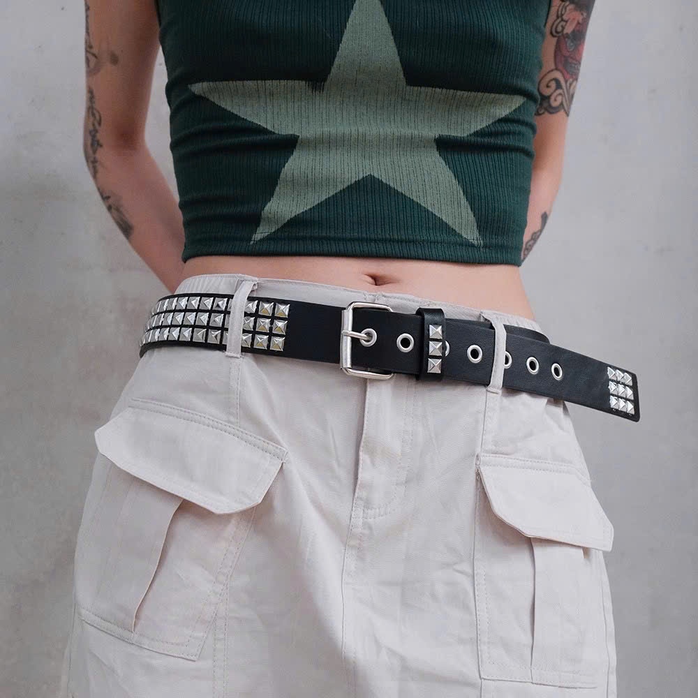 Thắt lưng kim loại đinh tán hạt vuông hình kim tự tháp kiểu dáng unisex phong cách punk xu hướng Hàn