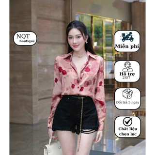  Áo sơmi nữ dài tay lụa Nhật ,thiết kế NQT boutique phong cách công sở hoạ tiết hoa Hồng đỏ pha nâu nền Hồng. 