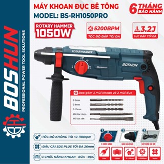 Máy khoan đục bê tông điện BOSHUN BS-RH1050PRO, Công suất 1050w, Lực búa lớn 3.2j - Tặng kèm 5 mũi