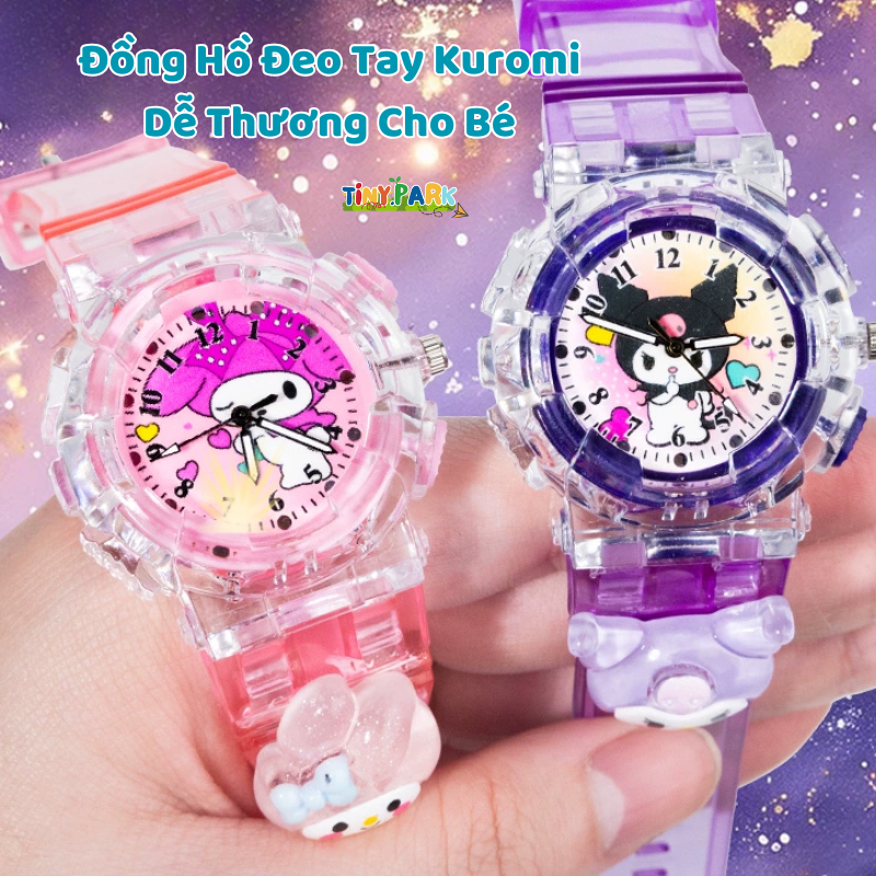 Đồ Chơi Đồng Hồ Đeo Tay Cho Bé Họa Tiết Kuromi, Thỏ Hồng Có Đèn Led Phát Sáng Dây Đeo Silicon Chắc Chắn