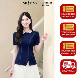 Áo lẻ nữ (KHÔNG KÈM VÁY) Nhật Vy cổ sơ mi tay ngắn chất lụa công sở dự tiệc màu nâu đen hồng xanh - D3404