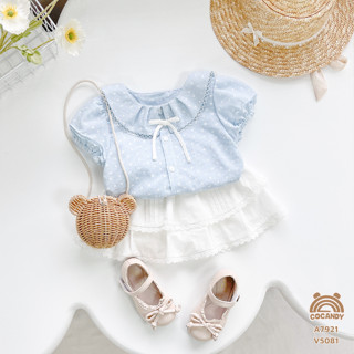 Set cho bé -Áo cộc XANH trái tim cổ sen tay phồng và Váy cộc thô TRẮNG 2 tầng cho bé của COCANDY mã A7921,V5081