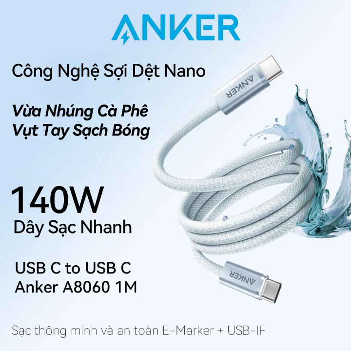 Anker Cáp sạc chống bẩn nhanh & truyền dữ liệu USB-C/Type-C To Type-C 140w 1m Cho Android iPhone 15-17[BH 18 tháng]
