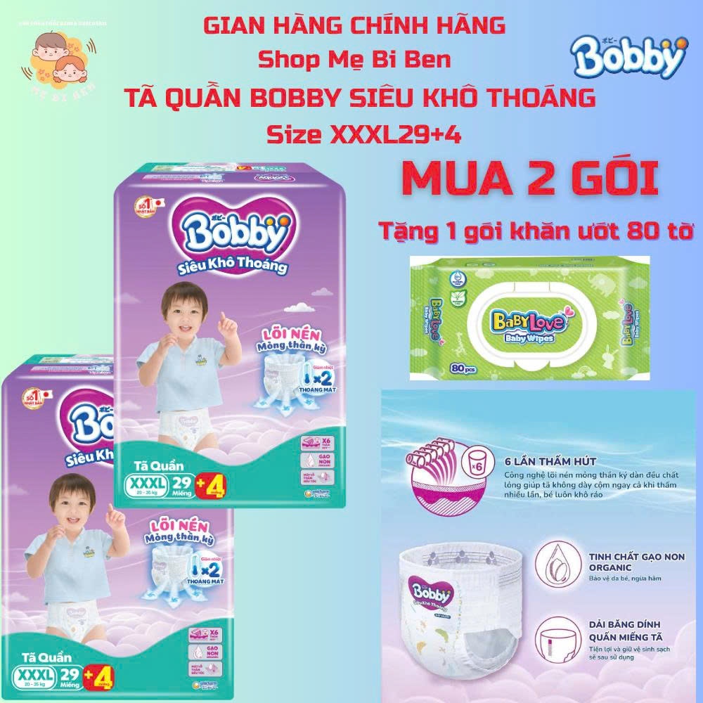[Size bé lớn] Tã quần Bobby Size XXXL22+2/XXXL29+4/XXXL33+2/4XL+2 Miếng dành cho bé 18-20-35kg - HÀN