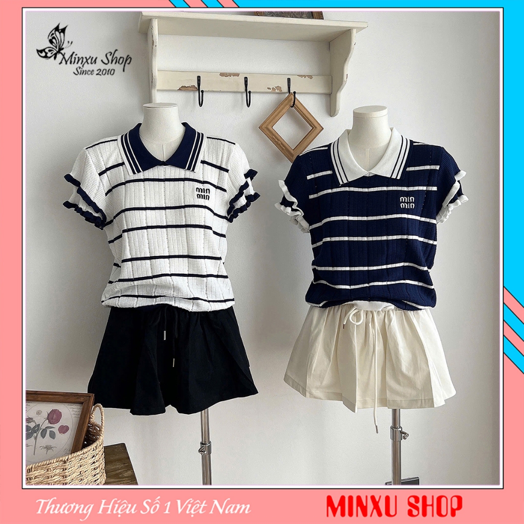 Áo Polo Kẻ Tay Bèo Thêu Chữ Min Min, Chất Len Mềm Mỏng Nhẹ Hàng QC Minxu Shop POLO31