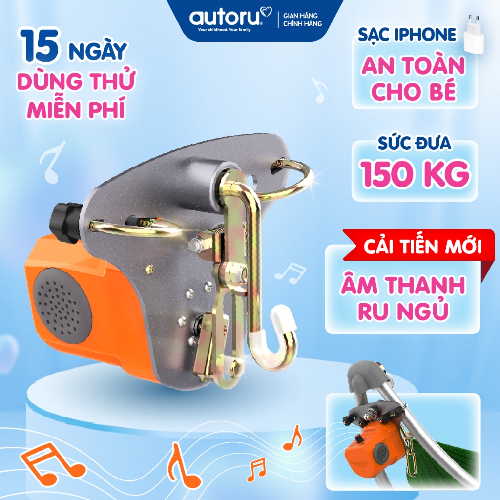  Máy Đưa Võng Tự Động AUTORU 2025 Cục Quay Võng Sức Đưa 150Kg Có Tính Năng Hẹn Giờ Và Nhạc Ru Ngủ 2 Chế Độ Đưa Êm Ái 