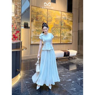 Set Váy Công Sở OLIVIA.CHIC Áo Chất Tafta Đính Hoa Nổi Tay Ngắn Bồng Phối Nơ Vai, Chân Váy Xếp Li Dài Chất Tơ Óng S906