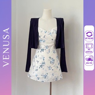 Set váy 2 dây nữ BIGSIZE màu trắng hoa xanh mix áo khoác mỏng xanh than Venusa Store