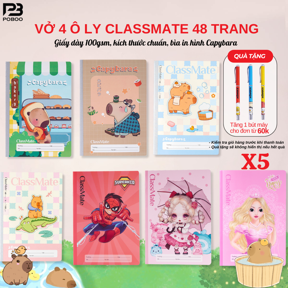 Combo 5/10 Vở 4 Ô Ly 48 Trang ClassMate Tập 4 Ô Ly 100gsm Giấy Dày Hình Capybara Tập Viết