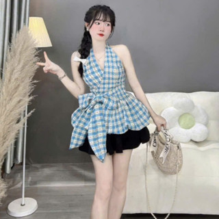  Set váy áo cổ yếm cột dây hở lưng tùng bí chất caro xanh lennin hoa nhí phối chân váy đen tuyết mưa 2 tầng có lót quần 