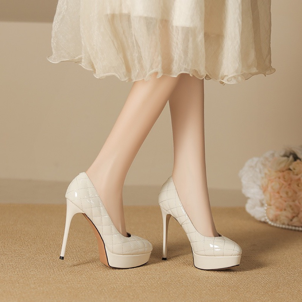 Giầy cao gót Quảng châu cao cấp mũi tròn trần trám cao 12cm (HT136-5)