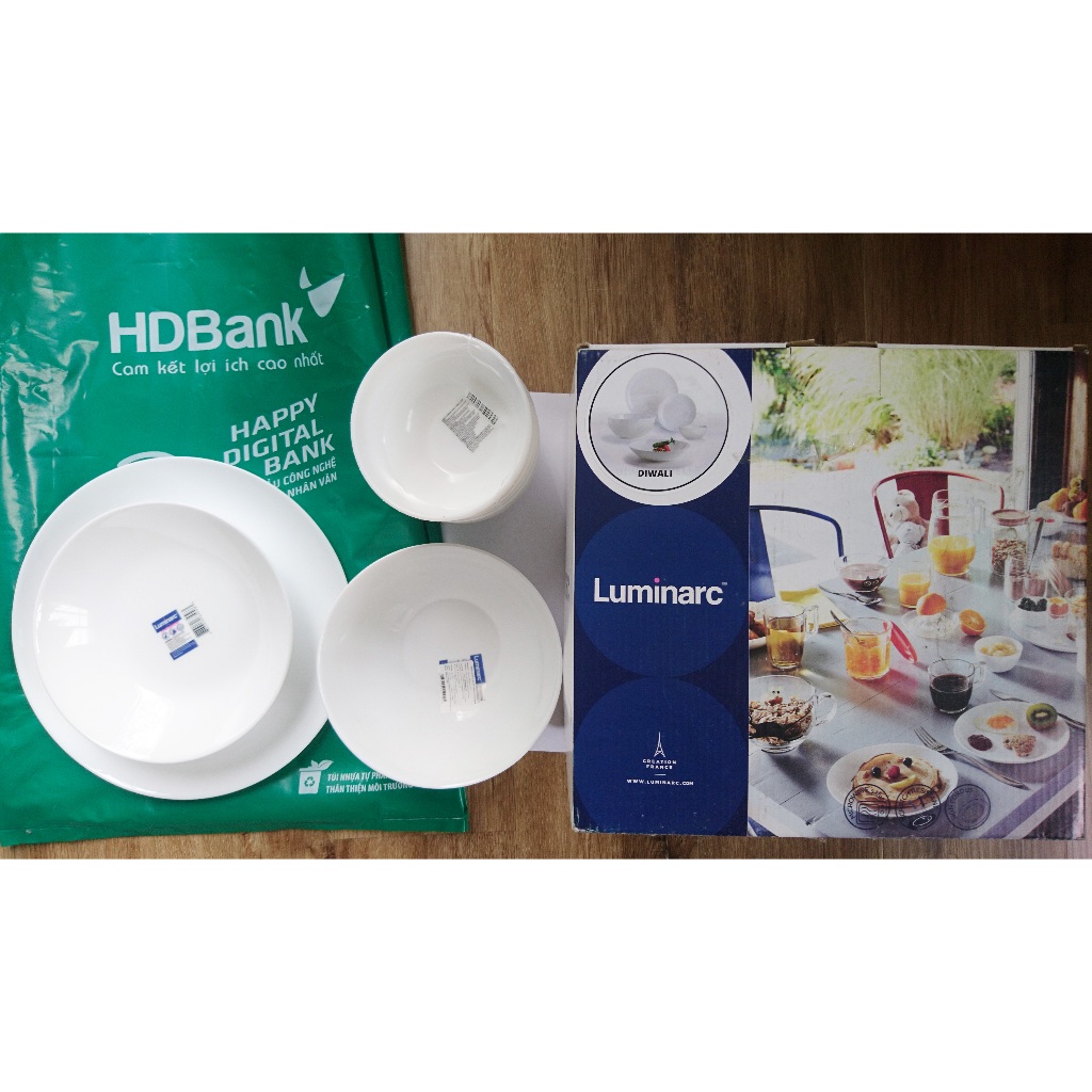 Bộ bát đĩa (tô chén dĩa) thủy tinh Luminarc Diwali 9 chi tiết, dùng lò vi sóng, máy rửa bát