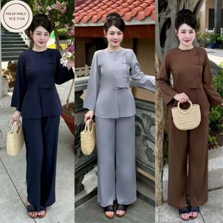  Đồ lam truyền thống dáng vạt hò cổ tròn dài tay Pháp phục đi chùa,khóa tu chất lụa tuyến mềm mát 