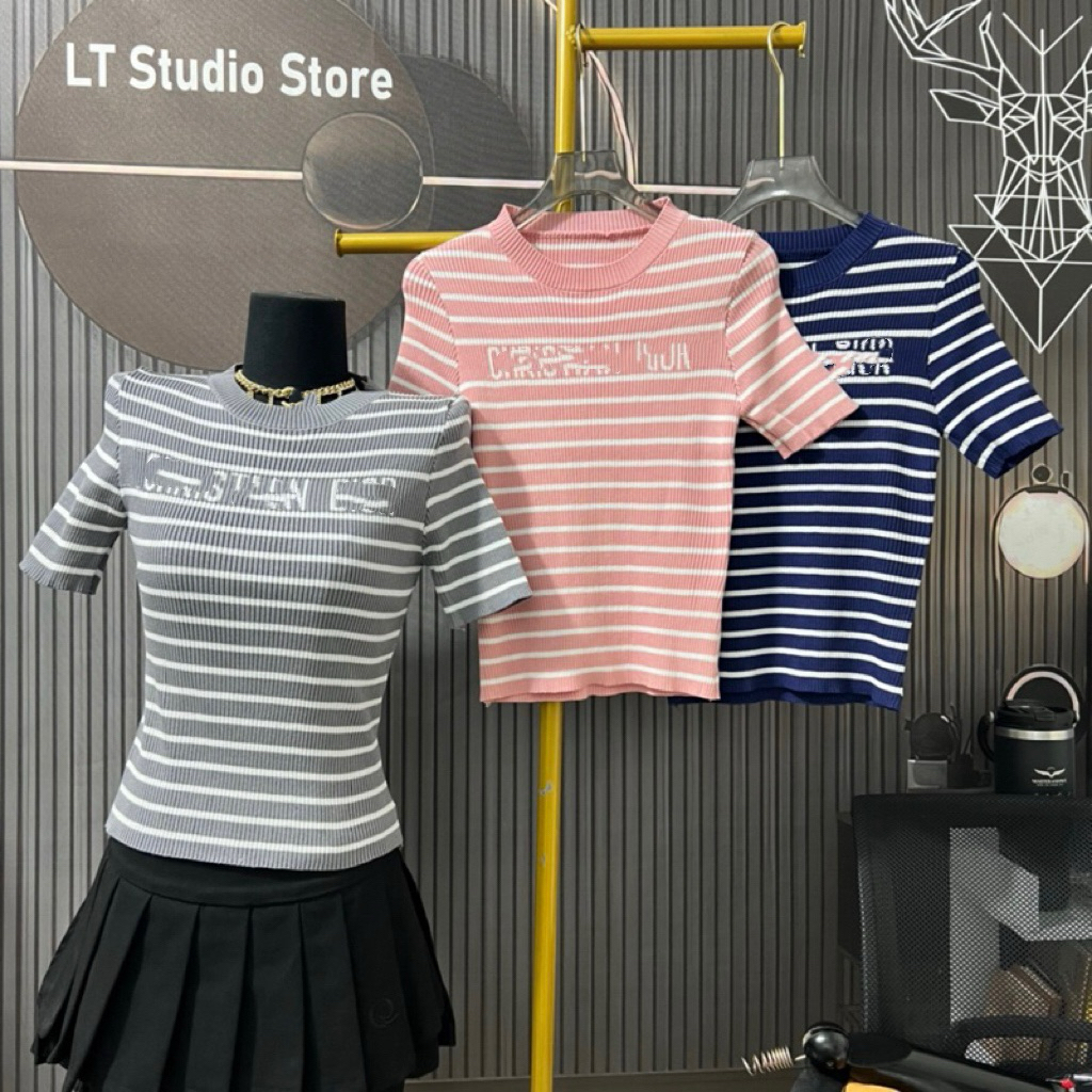 LT - Áo len nữ len tăm cổ tròn cộc tay len dệt kim kẻ sọc ngang fom ôm body 956