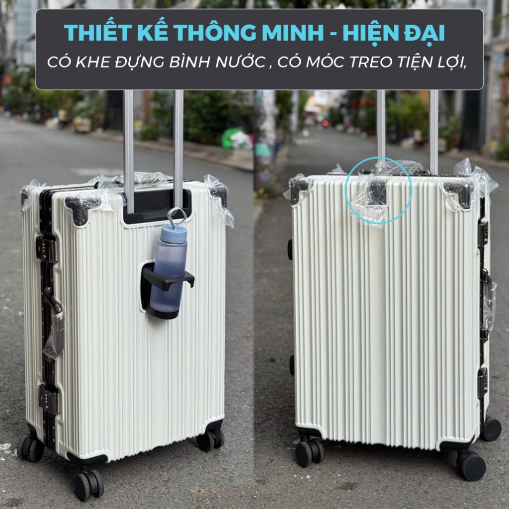 Vali Khung Nhôm Khóa Sập Có Khay Để Cốc |Size 20/24/28 Chống Va Đập, Chống Trộm- BẢO HÀNH 5 Năm
