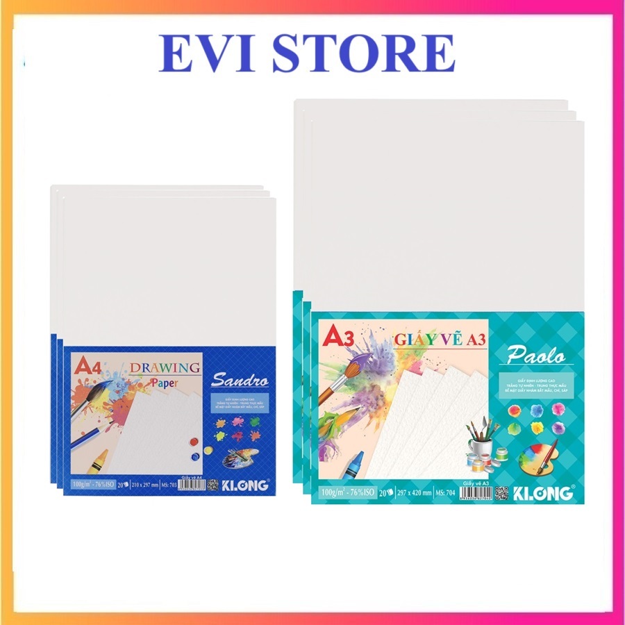 Set 3 tập giấy vẽ khổ A4 / A3 Klong 703 / 704 - 20 tờ / Tập 20 tờ giấy vẽ Klong MS703 / MS704