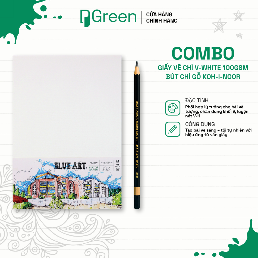 Combo Tệp Giấy Vẽ Chì Blue Art White 100gsm + Bút Chì Gỗ KOH-I-NOOR – Vẽ Tượng, Hình Khối | PGREEN