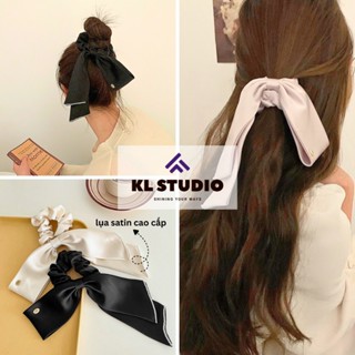  Dây Buộc Tóc Scrunchie Nơ Lụa KL.STUDIO Dáng Dài Tiểu Thư Cột Tóc Nơ Lụa Đính Ngọc Trai Nhân Tạo Thanh Lịch - HT05 