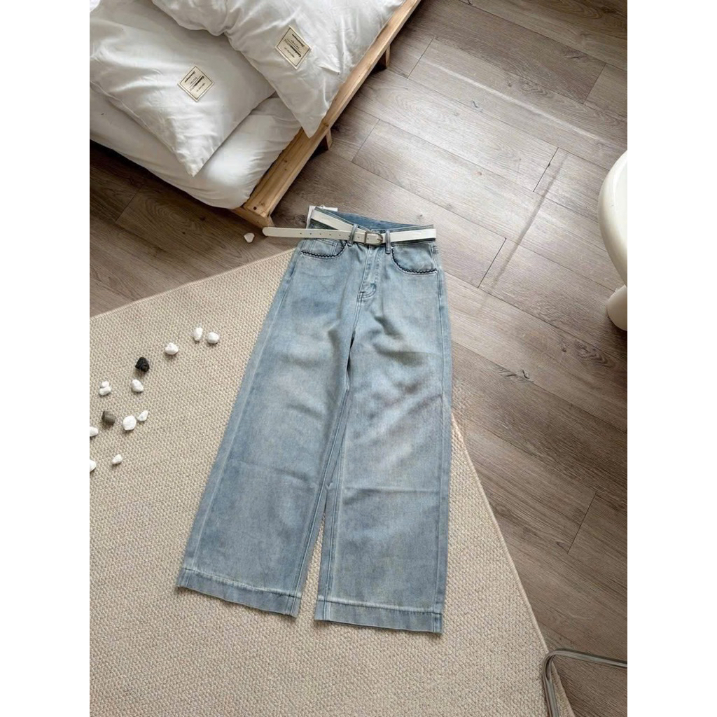 Quần Jean Suông Nữ Nấm Lùn Thêu Viền Túi Trước+ Sau 90cm (567)