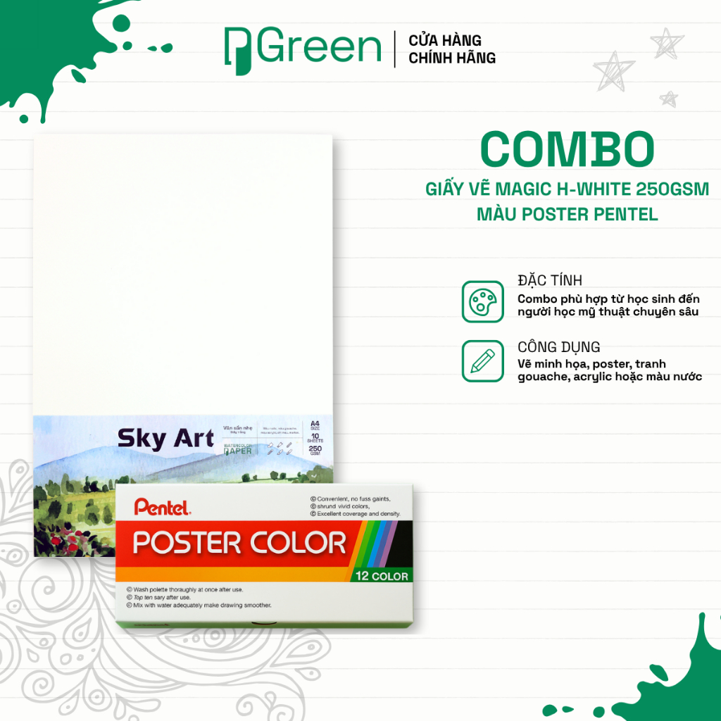 Combo Tệp Giấy Vẽ Màu Nước Sky Art H-White 250gsm + Màu Poster Pentel | PGREEN