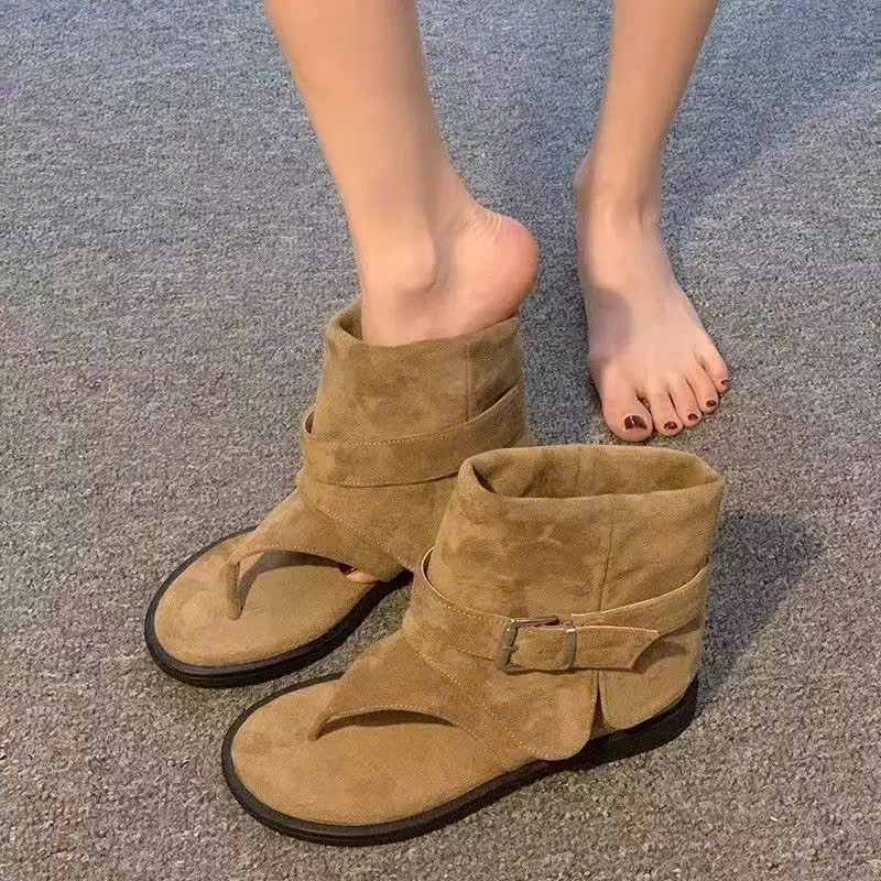 [Nên Nguyễn ] Bốt nữ xỏ ngón mùa hè SÂNSAN hàng QCCC chất da lộn đế bệt