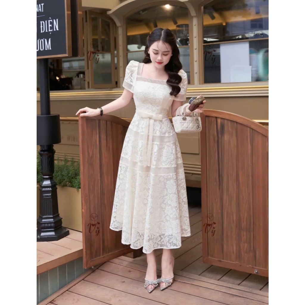 b53 váy thiết kế dáng A có nơ thắt eo