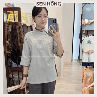 ĐỒ ĐI CHÙA NỮ CỔ TÀU - bộ quần áo Phật tử cách tân cài chéo # đồ lam vải đũi Thái thêu Sen G11