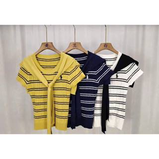  áo len kẻ ngang cổ tròn tay cộc kèm khăn rời hàng quảng châu A173 