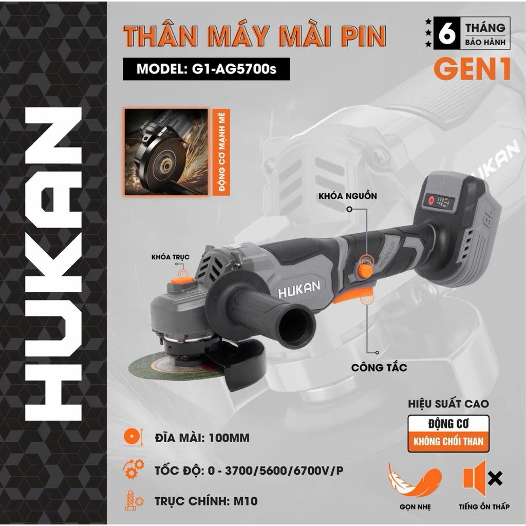 Thân Máy Mài Góc Hukan AG5700S Chân Pin Phổ thông, 3 Cấp Chỉnh Tốc Độ Động cơ Brushless Không Chổi T