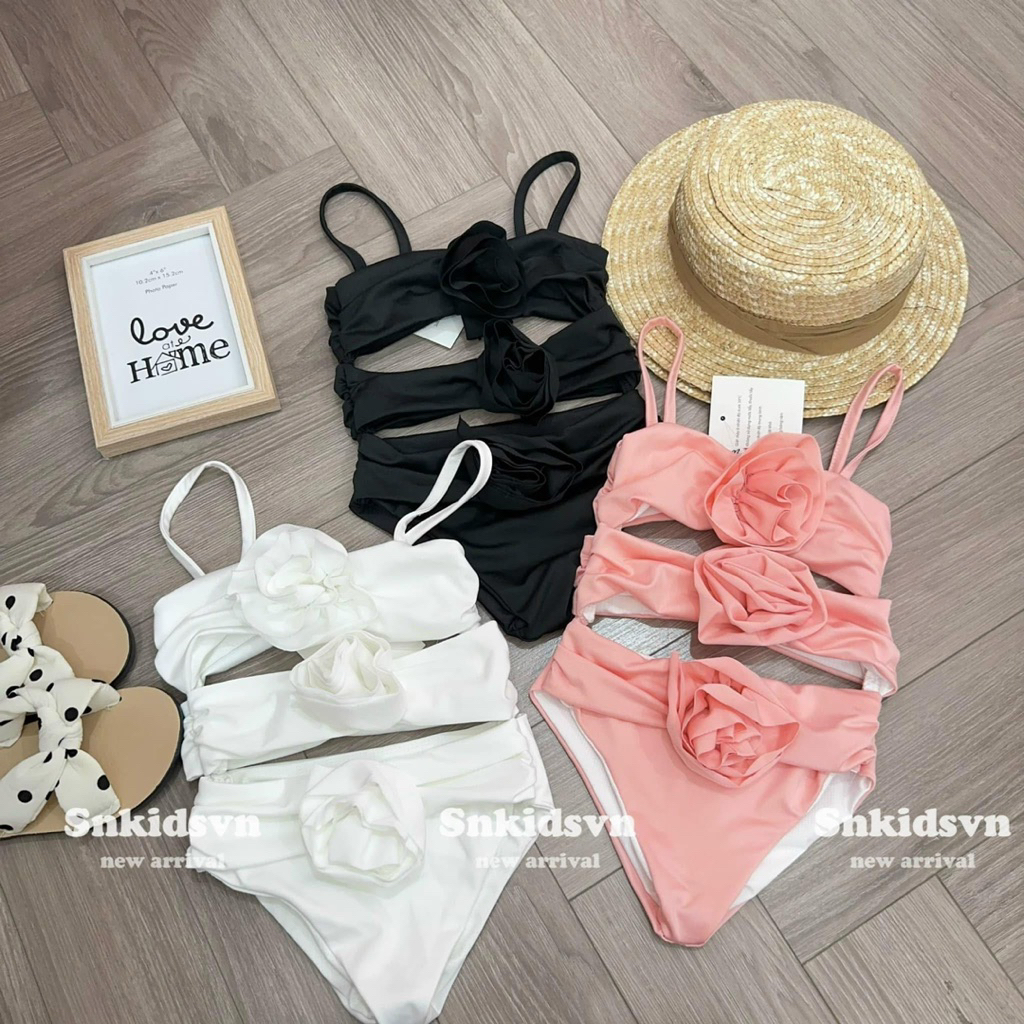 [Ponyni baby] set áo bơi bikini xẻ hoa hồng cho bé gái size 9-35kg