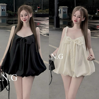  Váy babydoll 2 dây bo chun form bồng bí đính nơ trước ngực điệu đà nữ tính 