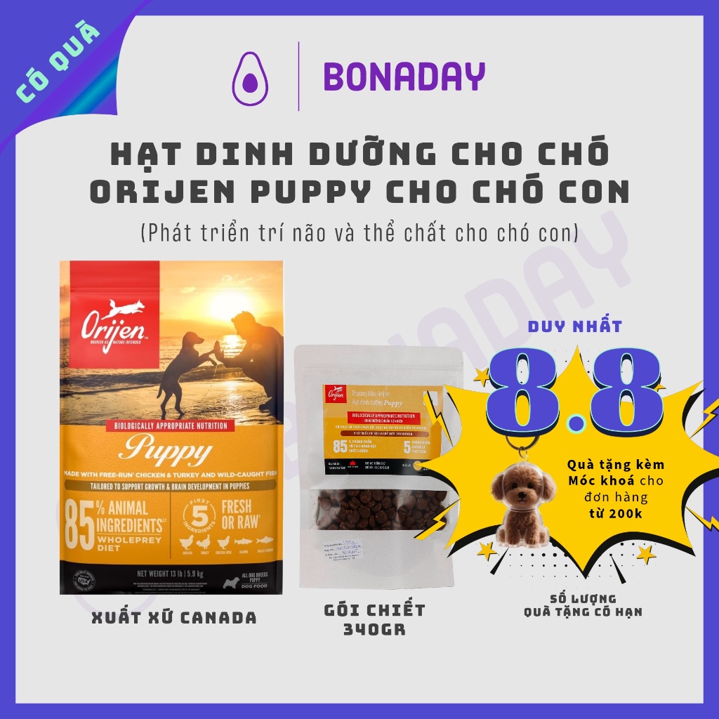 HẠT DINH DƯỠNG CHO CHÓ CON ORIJEN PUPPY, BONADAY PETS, phát triển thể chất và trí tuệ cho chó con, g