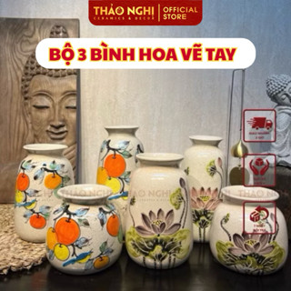 Bộ 3 Lọ hoa gốm sứ vẽ tay men lạnh - Bát Tràng | Thaonghiceramics