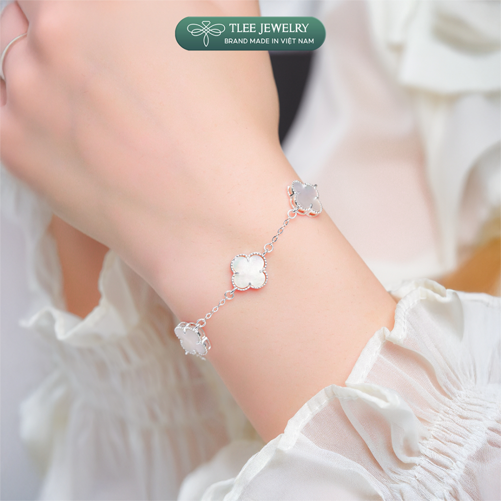 Lắc tay bạc nữ TLEE năm charm hoa cỏ bốn lá đơn sắc sang trọng đá 10mm TLEEJEWELRY LT0409 | BigBuy360 - bigbuy360.vn