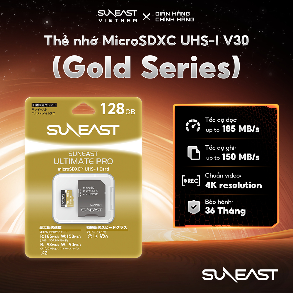 Thẻ nhớ microSDXC SunEast V30 64GB Gold Series – Tốc độ 185 MB/s, quay video 4K, bảo hành 3 năm | BigBuy360 - bigbuy360.vn