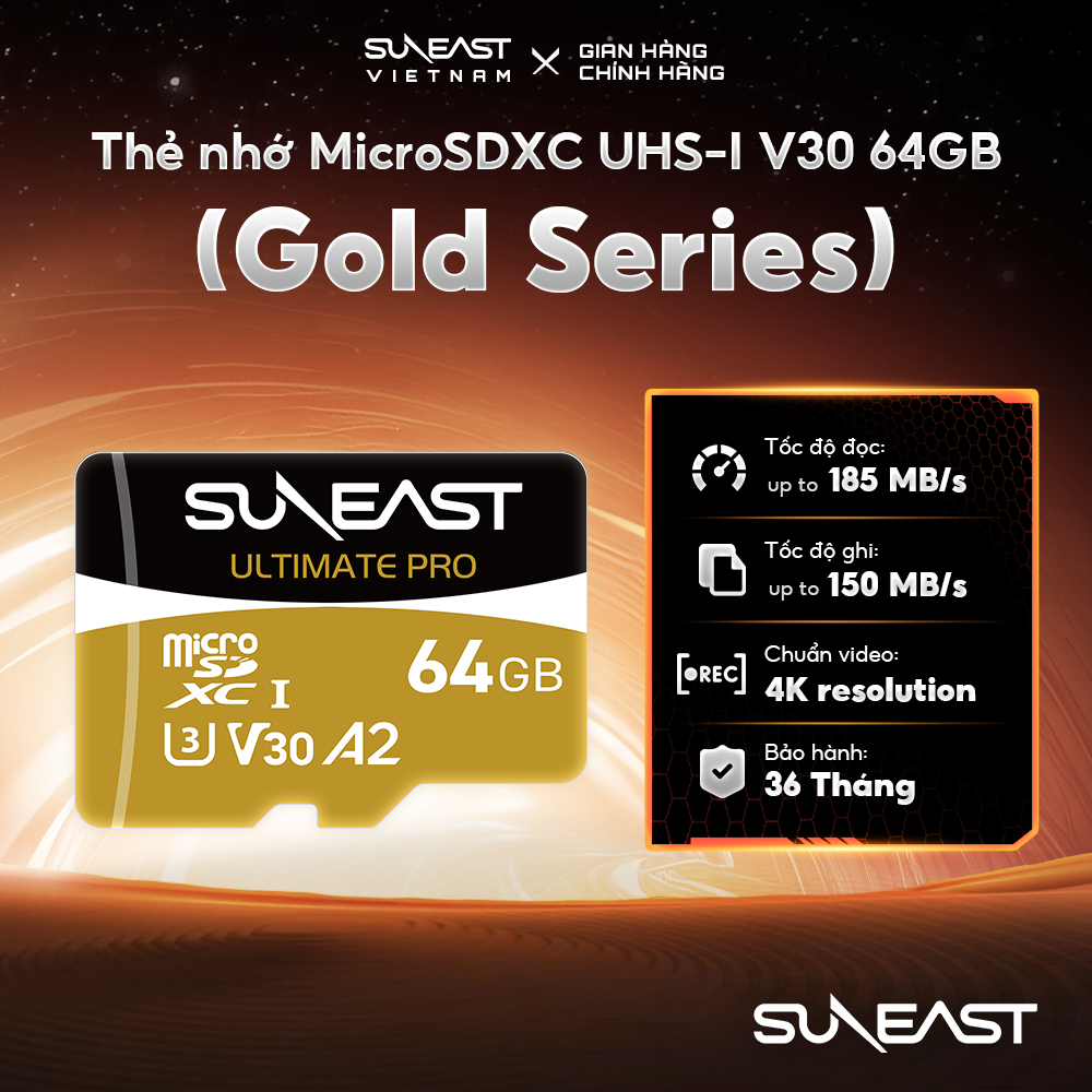 Thẻ nhớ microSDXC SunEast V30 64GB Gold Series – Tốc độ 185 MB/s, quay video 4K, bảo hành 3 năm | BigBuy360 - bigbuy360.vn