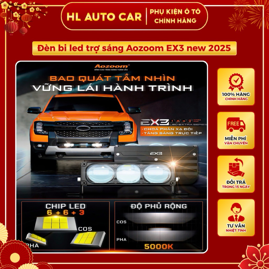 Đèn trợ sáng bi led AOZOOM EX3, 3 mắt led siêu sáng, công suất 95W, bảo hành 2 năm