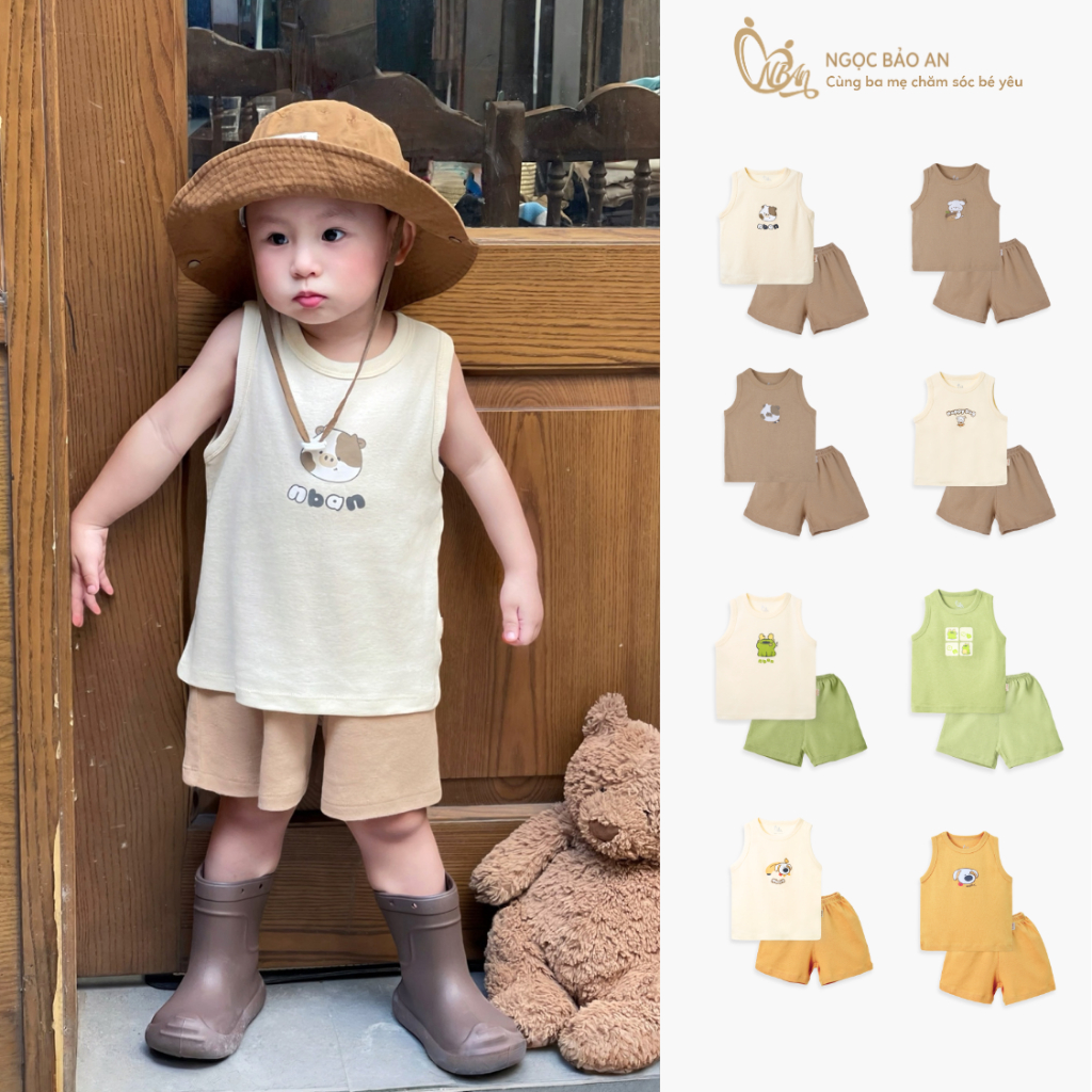 HONEY (6M-6Y) Bộ quần áo sát nách thể thao cotton thoáng mát, thấm hút tốt 6 hoạ tiết đáng yêu 10kg đến 29kg