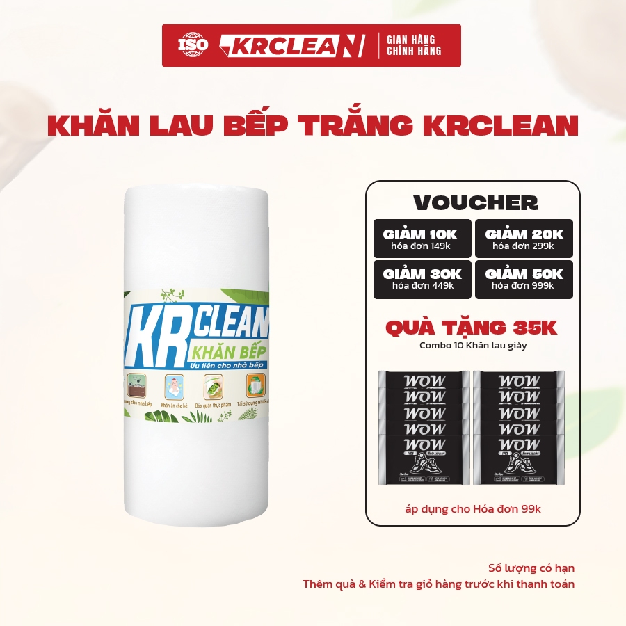 Cuộn khăn giấy lau bếp trắng KRCLEAN 20x25cm - Khăn giấy lau đa năng, thấm hút tốt, lau chén bát, bà