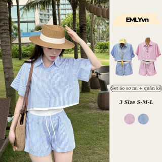 EMLYvn - Set Sơ Mi Nữ Croptop Phối Quần Short Kẻ Sọc , Set Đồ Nữ Hè 2025 Hot Trend Năng Động